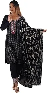 [Generic] Women's Chinon Silk Sequence And Thread Work Straight Kurti With Pant and Dupatta Set