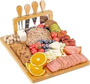 Yellow Cheese Board Set, Bamboo Charcuterie Boards with 4 Cheese Knife, Serving Platter Accessories for Entertaining Party Picnic, 35 * 28 * 14Cm
