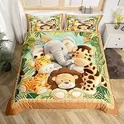 Feelyou Toddler Cartoon Animal Bedding Set for Kids Boys Girls Tiger Comforter Cover Set Queen Size Elephant Duvet Cover Room Decor Lion Bedspread Cover Elephant Bedding Collection 3Pcs, No Comforter