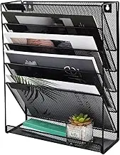 EASEPRES 6 Tier Mesh Wall Mounted File Holder Organiser, Metal Wall Mounting Magazine A4 Paper Storage Rack, Desk Filing Letter Holders for Office Home, Black