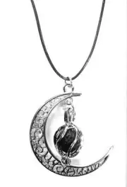 Essential Oils Black Lava Stone Necklace - Diffuser Necklace - Crescent Moon - A