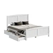 Oikiture Wooden Bed Frame Double Size Base with Trundle Storage Drawers White