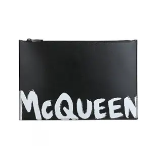 【ALEXANDER MCQUEEN】ALEXANDER McQUEEN刷印白字LOGO小牛皮拉鍊手拿包(男款/黑)