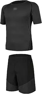[GUANYUA] Sports Suit Men, Men's Running Fitness Clothes, 2-pcs Short-Sleeved Quick-Drying T-Shirt + Shorts Sports Clothes All Black-M