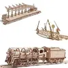 【海思】Ugears 自我推進模型 - 火車全系列豪華三件套組 (內含：蒸汽火車頭、車站月台、鐵軌及平交道)