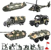OTONOPI Military Vehicle Set 6PCS Pull Back Function Helicopter Armored Vehicle Military Medical Vehicle Submarine Tank Truck with Movable Parts Army Toy Playset Persent for Boys and Girls Age 3+