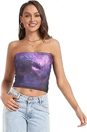 [RPLIFE] Purple Galaxy Dragon Summer Tops, Womens Strapless Top, Sheer Tube Tops, Trendy Crop Tops (S)