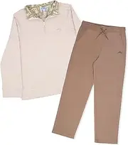 [Tommy Bahama] Boys Pullover Quarter-Zip Long-Sleeved Sweater & Pants Set, Casual 2-Piece Summer Outfit for Kids, Cream/Brown, 8