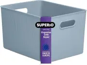 Superio Large Stone Blue Ribbed Storage Bin, Plastic Storage Basket (22 Liter)