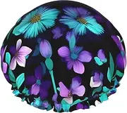 Purple And Teal Flower Print Various Activities Shower Cap Reusable Soft And Lightweight Bath Hair Cap Long Hair