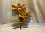 Hand crafted solid wood intarsia wall hanging featuring a daylillies