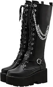 [Parisuit] Women's Knee High Goth Platform Buckle Boots Chunky High Heel Lace Up Punk Combat Boots with Chain