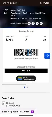 Pearl Jam Melb Concert Seated Tic 18/11/2024 L1-30 Row J x2 Ready to TRANSFER!