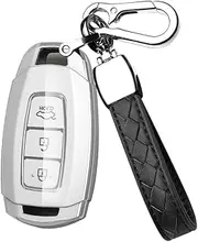 HIBEYO Key Fob Cover for Hyundai Santa I30 IX35 Encino KONA Solaris Azera Grandeur Elantra Accent Fe 3 Button ABS Leather Key Holder Car Accessories with Keychains-Leather Key Chain(White)