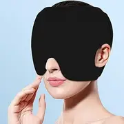 Migraine Cap with Exposed Ear Gel Ice Pack for Alleviating Headache, Puffy Eyes, Tension, Sinus, Stress, Cold and Hot Head Wrap for Easing Pain (Black)