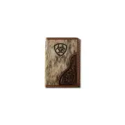 ARIAT Mens Tri-fold Wallet Leather Calf Hair Laser Etched Logo Brown A3564402