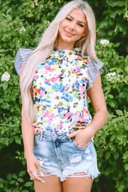 I AM A FASHION JUNKY Light Blue Floral Print Striped Ruffled Sleeve Blouse