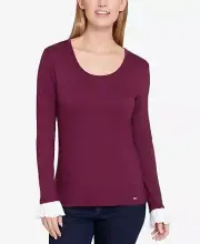 Tommy Hilfiger (A8-46*) Ruffled-Sleeve Rayon Jersey Top Pinot Sz XL