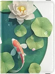 [Amooorous] 3d Pond Scenery Distinctive Fish and Flowers Leather decorative passport book holder Vaccine Case Protector Cover Wallet Passport Holder Lightweight, 3D Pond Scenery Distinctive Fish and Flowers, 1