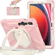 360 Rotation Case for Samsung Galaxy Tab S9 11'' 2023/S8 2022/S7 2020，with Shoulder Strap S Pen Holder Rotatable Kickstand/Handle Rugged Silicone Case (Pink)