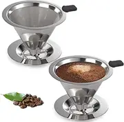 Sekonow 2Pcs Pour Over Coffee Maker, Paperless Reusable Coffee Filter, Pour Over Coffee Dripper for Single Cup Brew, Double Layer Stainless Steel Cone Strainer 1-3 Cup, Medium