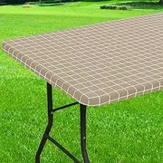 Spotjoy Rectangle Table Cloth, Elastic Fitted Flannel Backed Plastic Table Covers for 6 Foot Folding Tables, Waterproof Vinyl Tablecloths for Picnic, Camping, Indoor and Outdoor (Khaki, 30 x 72 inch)