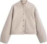 [PTBNRDC] Womens Bomber Jacket Button Down Long Sleeve Baseball Varsity Cropped Jacket with Pockets