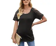 Women'S T Shirt Pure Color Shoulder Hollow Out Short Sleeve Top Round Neck For Home Office Shopping Outdoor Activities Black Xl