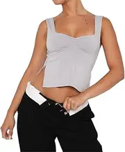 [Generic] Women Sexy Side Slit Pleated Crop Tank Top Sweetheart Neck Strappy Sleeveless Backless Slim Fit Crop Cami Shirt