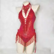 Red Sequins Bead Tassels One Piece Bodysuit Stage Club Dance Performance Costume
