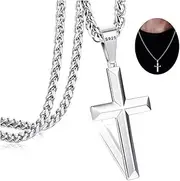 [IRONBOX] 925 Sterling Silver Cross Necklace for Men Women 3MM Stainless Steel Strong Durable Wheat Chain Beveled Edge Crucifix Pendant Necklace Jewelry 16-30 Inches