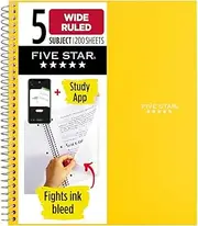 Five Star Spiral Notebook + Study App, 5 Subject, Wide Ruled Paper, 8" x 10-1/2", 200 Sheets, Fights Ink Bleed, Water Resistant Cover, Harvest Yellow (73469)