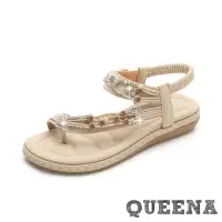 在飛比找momo購物網優惠-【QUEENA】夾腳涼鞋 鑽飾涼鞋/復古水鑽串珠繩飾趾環造型