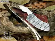 HUNTEX Handmade Damascus Blade, Deer Antler Handle, Hunting Mini Cleaver Knife