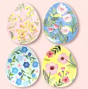 4 Rachel Zoe Melamine Egg Shaped Plates Floral Oval Easter Egg Dishes New