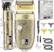 Professional Hair Clippers Set T Blade Hair Trimmers Electric Shavers For Men Cordless Beard Trimmers (Gold)