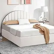Furb King Bed Frame Gas Lift Platform Solid Pine Wood Boucle Fabric Bed Storage Base Mattress with Upholstered Bed Headboard for Home Bedroom Furniture, White