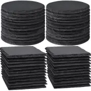 36 PCS Coasters - 4 Inch Black Square Slate & Round Stone Natural Handmade Co...