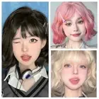 Lolita Bob Hair Wig Curly Synthetic Wig with Bangs Short Brown Wavy Wig Girls