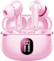 Wireless Earbuds, Bluetooth 5.3 Headphones Big Bass Stereo, Ear Buds with Noise Cancelling Mic LED Display, in Ear Earphones IP7 Waterproof, 50H Playtime for Sports, Rose Gold