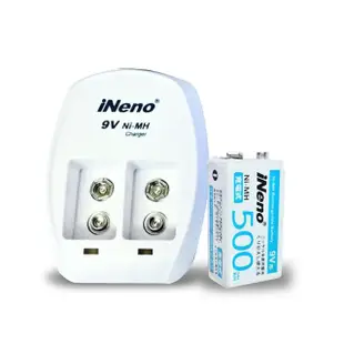 【iNeno】鎳氫9V角型充電電池9V/500max 2顆入+9V鎳氫專用充電器(BSMI認證/住報器可用的電池)