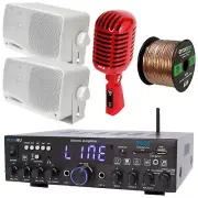Pyle PDA4BU Bluetooth Stereo Receiver, 2x 3.5'' White Speakers, Retro Mic, Wire