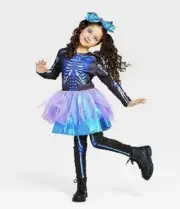 Girls Light Up Skeleton Halloween Costume Dress with Accessories M - Hyde &