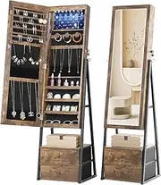 Nicetree Jewelry Cabinet Armoire, Lockable Standing Jewelry Mirror Cabinet, Full Length Mirror with Jewelry Storage, Large Storage Organizer, 2 Storage Drawers, Rustic Brown