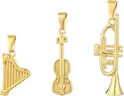 Ipotkitt 3 pcs 3 Styles 304 Stainless Steel Musical Instrument Charms Music Trumpet Violin Harp Charms for DIY Jewelry Crafts Bracelets Earrings Necklaces Keychains Bag Purse Decor