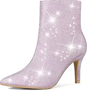 [Allegra K] Women's Sparkle Sequin Pointed Toe Side Zipper Stiletto Heel Ankle Boots