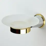 Franz Viegener Round Glass Soap Dish and Holder, Wall-Mount, Gold & Chrome