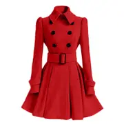 Women's Winter Coats Double Breasted Elegant Vintage Fashion Felt Trench Coat Red M