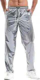 [Amy Coulee] Mens Metallic Pants Shiny Disco Pants Costume Holographic Sparkly Pants with Drawstring Pockets