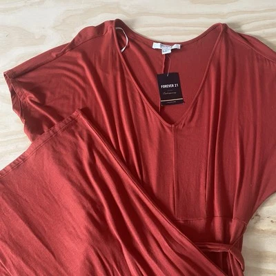 Forever 21 Rust Red Wide-Leg Jumpsuit Size L NWT Belted V-Neck Boho Style Comfy